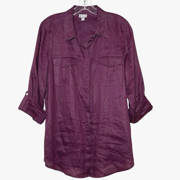 J. Jill Women’s 100% Ramie Long Tab Sleeve Button Down Shirt Plum Size Medium - Picture 1 of 8